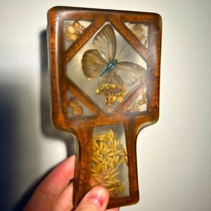 70s Lucite Butterfly & Grains Spoon Rest 3.25x6.25” Vintage Kitchen Decor Earthy